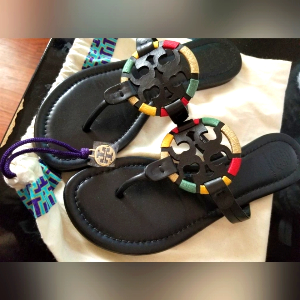 Tory Burch Designer Miller Embroidered Colorful Logo Black Leather Sandals 11